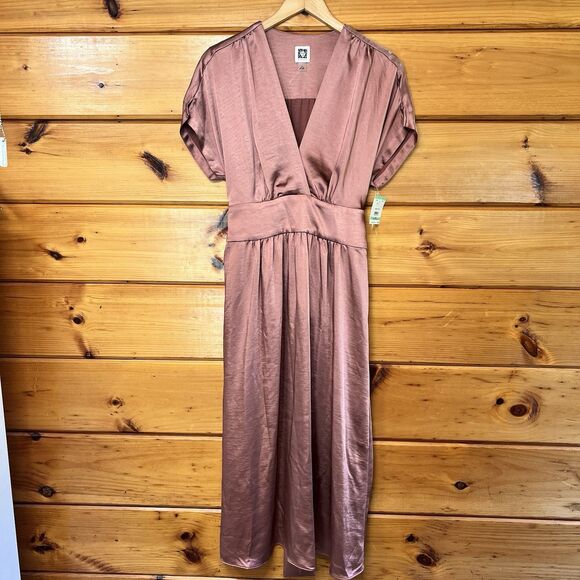 $139 Anne Klein NEW Washed Satin Rose Anise V Neck Tie Midi Dress Size 8 - Picture 3 of 8